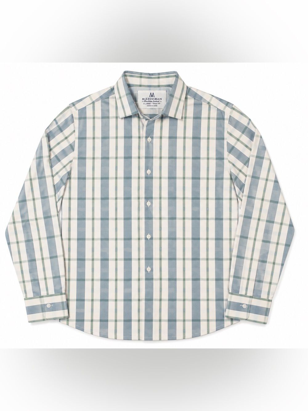 Mizzen+Main Light Blue & Green Plaid Long-Sleeve Dress Shirt Size XL